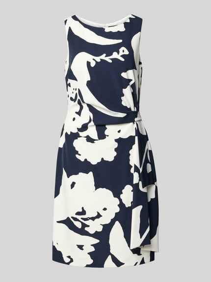 Produktfoto, Knielanges Cocktailkleid in Wikkellook van Vera Mont, elastische materiaalmix, getailleerd, ronde hals, siernaden, donkerblauw-wit, maat 36 ruglengte 94cm borstwijdte 40cm