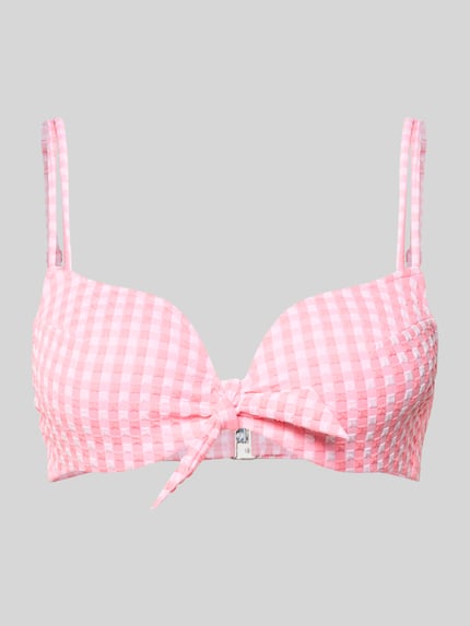 Produktfoto, Bikini-Oberteil mit knoopdetail model 'MARY LYNN' van Marie Jo in roze en wit met ruitjes, materiaalmix met stretch, voorgevormde gewatteerde cups, dubbele verstelbare spaghettibandjes, haakjessluiting achter