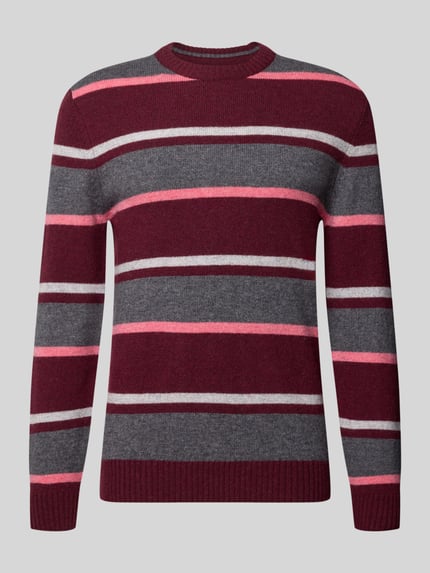 Produktfoto, Strickpullover aus Woll-Mix im Allover-Look von MCNEAL, Slim Fit, Bordeaux mit grauen und pinken Streifen, Rundhalsausschnitt, strukturierte Oberfläche