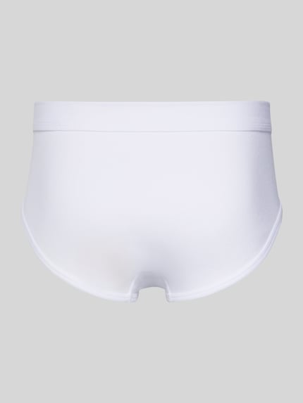 Produktfoto, Slip im 2er-Pack von SCHIESSER aus reiner Baumwolle mit Feinripp, elastischer Bund und Logo-Fähnchen, weiße Farbe, Rückansicht.