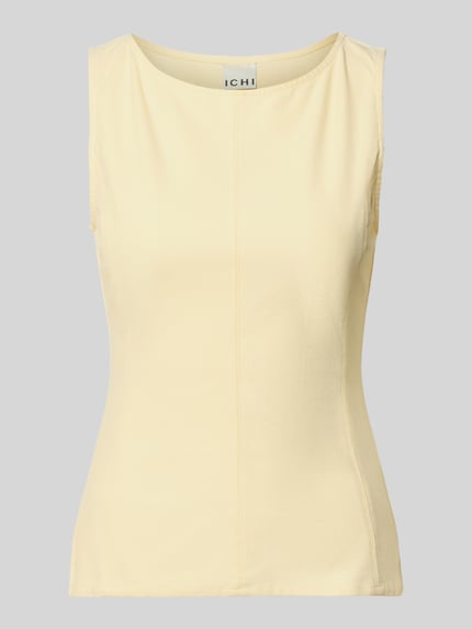 Produktfoto, top met ronde hals model 'KATE' van ICHI in lichtgeel katoenmix, getailleerd model, voor dames, ruglengte maat S 61 cm, borstwijdte 45 cm, zonder mouwen