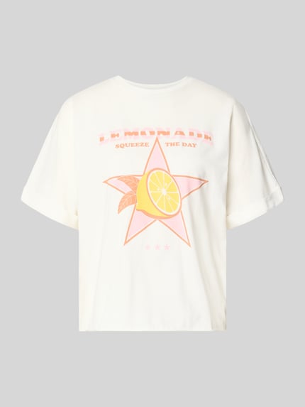 Produktfoto, Boxy Fit T-Shirt aus reiner Baumwolle Modell 'MINNA' von Only, Optik: Unifarben, Motiv-Print, Jersey, Farbe Weiß, Rollsaum, Kurzarm