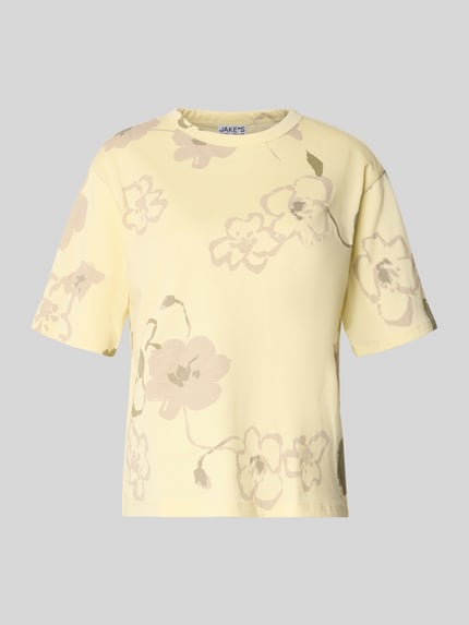 Productfoto, T-Shirt im Allover-Look met ronde hals van JAKE*S STUDIO WOMAN, puur katoen, regular fit, bloemenprint, lengte 57 cm, lichtgeel met beige tinten