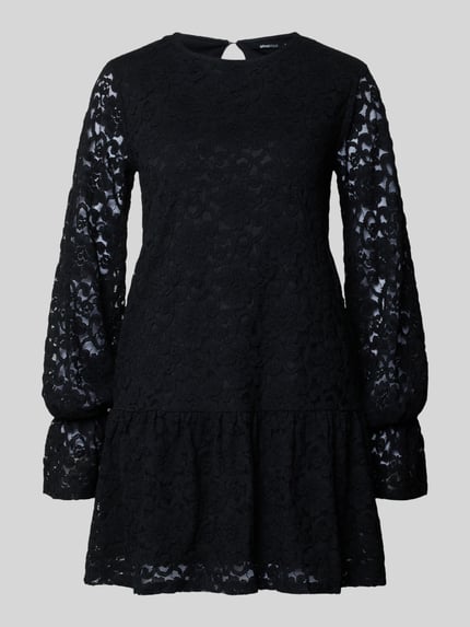 Productfoto, Minikleid met ronde halslijn van Gina Tricot, zwart kant, getailleerd, stretch katoenmix, transparante mouwen, detail textuur