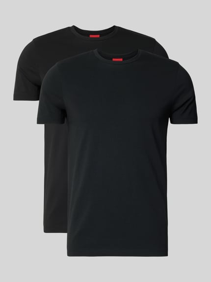 Produktfoto, T-Shirt mit Logo-Print im 2er-Pack Modell 'HUGO-Round' von HUGO, Unifarben, Schwarz, Rundhalsausschnitt, Baumwoll-Mix mit Stretch-Anteil, gerader Schnitt, Rückenlänge 69 cm bei Größe M