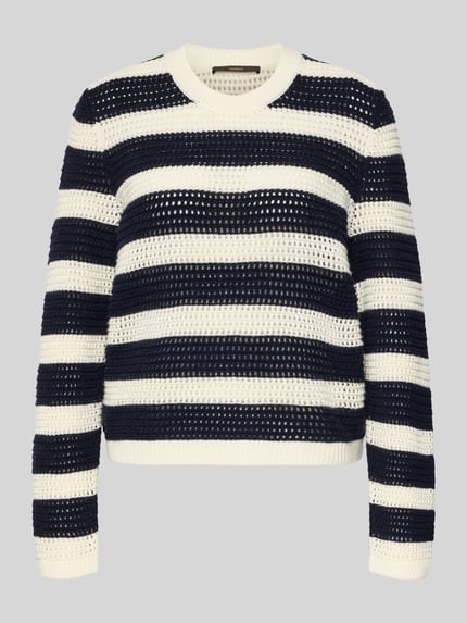 Produktfoto, Strickpullover aus Schurwoll-Kaschmir-Mix von Windsor in Navy und Weiß, lockerer Schnitt, grobe Lochstickerei, gerippte Abschlüsse, Rundhalsausschnitt