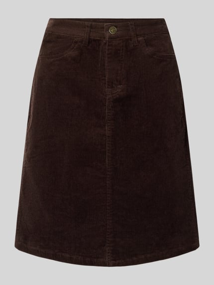 Produktfoto, dunkelbrauner Cordrock mit Gesäßtaschen Modell 'Gi44anna' von ZABAIONE, Baumwoll-Mix mit Stretch-Anteil, gerader Schnitt, feine Cordstruktur, Minirock, Frontansicht.