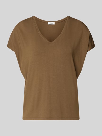 Productfoto, bruin Relaxed Fit T-shirt uit viscosemix van s.Oliver RED LABEL, gladde stof met V-hals, dames T-shirt