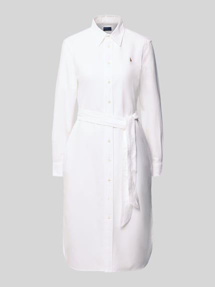 Produktfoto, wit Midikleid met knoopsluiting van Polo Ralph Lauren, getailleerd, overhemdkraag, tailleceintuur, katoenen textuur