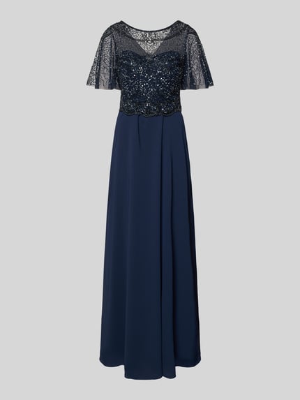 Produktfoto, Abendkleid mit Perlen und Pailletten von Christian Berg Cocktail in navy, A-Linie, Maxikleid, 2-in-1-Look, strukturierte Oberfläche