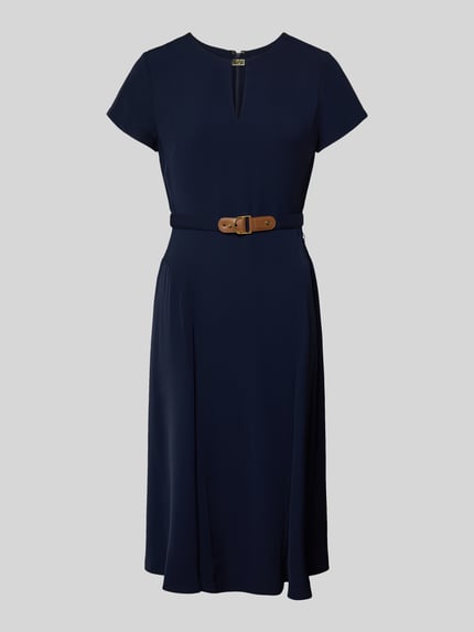 Produktfoto, Midikleid mit Taillengürtel Modell 'BRYGITKA' von Lauren Ralph Lauren in Dunkelblau, taillierter Schnitt, Schlüsselloch-Ausschnitt, Nahtreißverschluss, glatte Textur