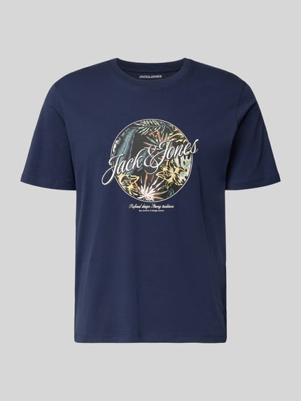 Produktfoto, męski t-shirt z bawełny o kroju regular fit Jack & Jones, okrągły dekolt, nadruk honolulu, model 'HONOLULU', długość tyłu w rozmiarze M: 68 cm