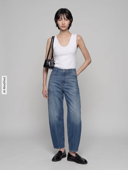 Vrouwenmodel draagt wit Slim Fit Top aus Baumwoll-Mix van GAP, lichte denim broek, zachte texturen, Ganzkörperansicht van voren, KI-modificeerd beeld.