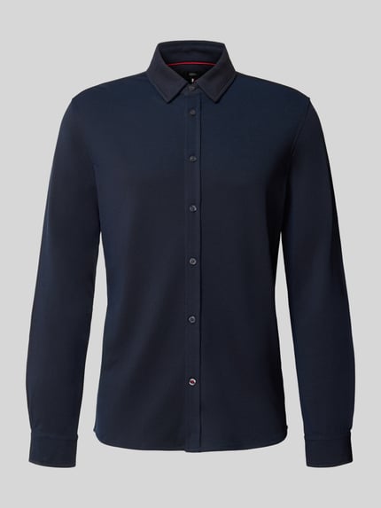Produktfoto, Slim Fit Business-Hemd aus Baumwoll-Mix von CINQUE in Dunkelblau mit Kentkragen, durchgehender Knopfleiste, langärmlig