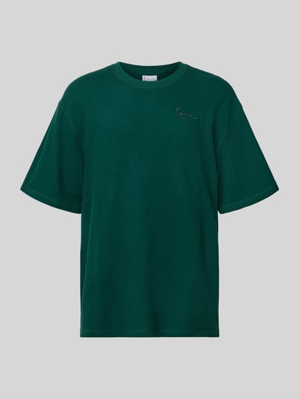 Produktfoto, Oversized T-Shirt mit Logo-Stitching von KARL KANI in Dunkelgrün, Reine Baumwolle, Oversized-Fit, Rundhalsausschnitt, Rückenlänge 73 cm bei Größe M