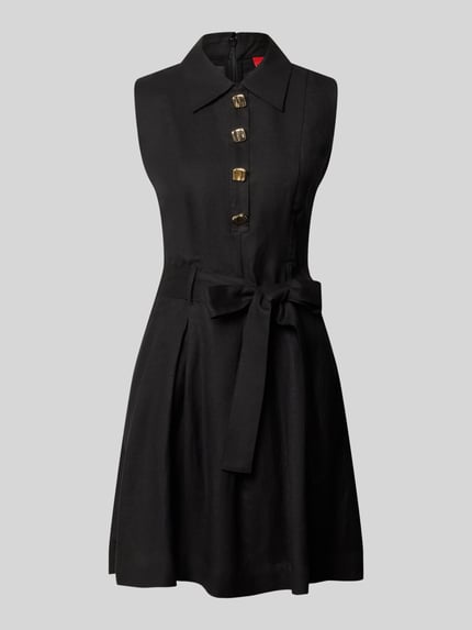 Produktfoto, schwarzes Tailliertes Freizeitkleid aus Leinen-Viskose-Mix Modell 'KALEISI' von HUGO für Damen vor grauem Hintergrund