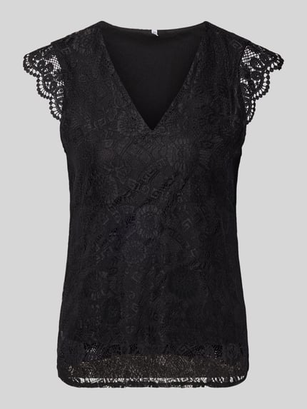 Produktfoto, Slim Fit Blusentop mit Spitzenbesatz Modell 'OLLINE' van Pieces, zwart, uni, V-hals, afgeronde zoom, bloemenkant, label stitching
