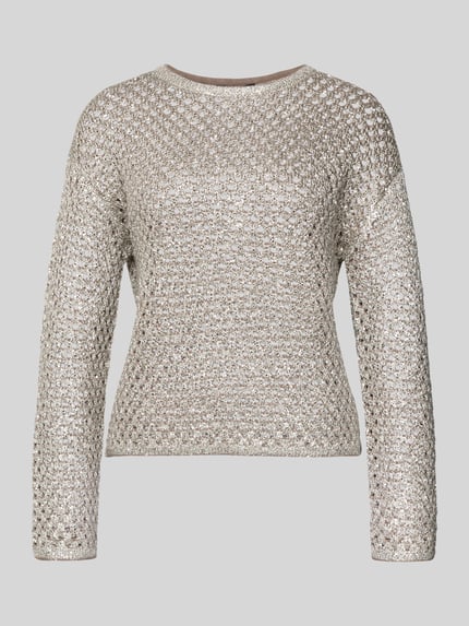 Productfoto, beige Strickpullover mit Lochstickerei, katoenmix, regular fit, ronde geribde hals, Betty Barclay, dames, 53 cm ruglengte