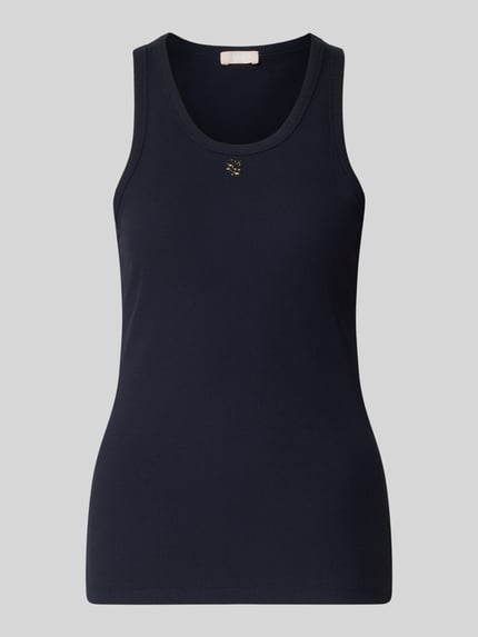 Produktfoto, Slim Fit Top mit Logo-Applikation von Liu Jo White aus elastischem Baumwoll-Mix in Dunkelblau mit Rundhalsausschnitt, Rückenlänge 62 cm bei Größe S