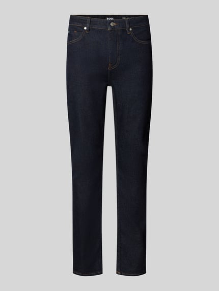 Produktfoto, ciemnoniebieskie jeansy o prostym kroju, gładka powierzchnia, Slim Fit Jeans aus Baumwoll-Mix Modell 'Delaware' von BOSS, Herren Slim Fit Jeans