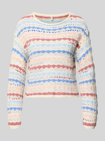Produktfoto, Regular Fit Pullover mit überschnittenen Schultern Modell 'GEENA' von ONLY, kremowy sweter z pastelowymi paskami i ażurową fakturą, damski pulower