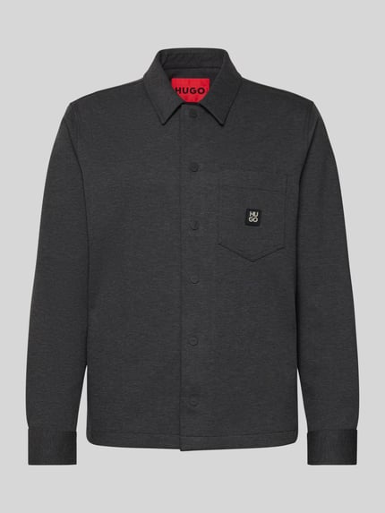 Productfoto, Oversized Hemdjacke aus Baumwoll-Mix Modell 'ENASO' von HUGO, uni in melange grijs, twill structuur, label patch op borstzak.