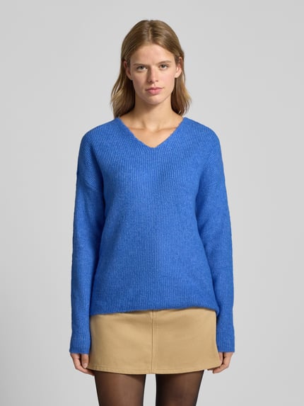ONLY Sweter z dzianiny o kroju regular fit z dekoltem w serek model ‘CAMILLA’ Niebieski melanż 4
