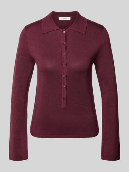 Produktfoto, Slim Fit Langarmshirt aus Lyocell-Baumwoll-Mix Modell 'FLURA LUREX' van Selected Femme, effen bordeaux, glanzend, polokraag, ribboorden.
