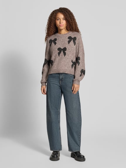 ONLY Pullover mit Glitzer-Schleifen-Print Taupe 1