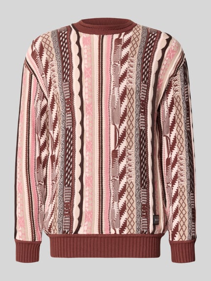 Produktfoto, Regular Fit Strickpullover aus reiner Baumwolle von COLUCCI, wzór w odcieniach brązu i beżu, krój regular fit, Stójka, prążkowane wykończenia, długość tyłu w rozmiarze M: 73 cm, długość rękawów w rozmiarze M: 64 cm, bawełna