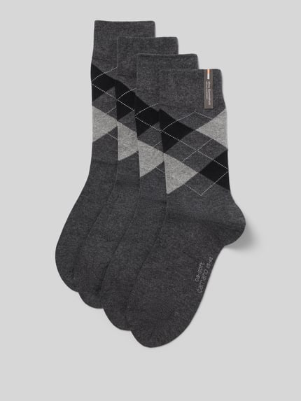 Productfoto, sokken uit katoenmix met logostitching in set van 4 van camano, Heren sokken, elastische katoenmix, logostitching, elastische band, grijs met ruitpatroon