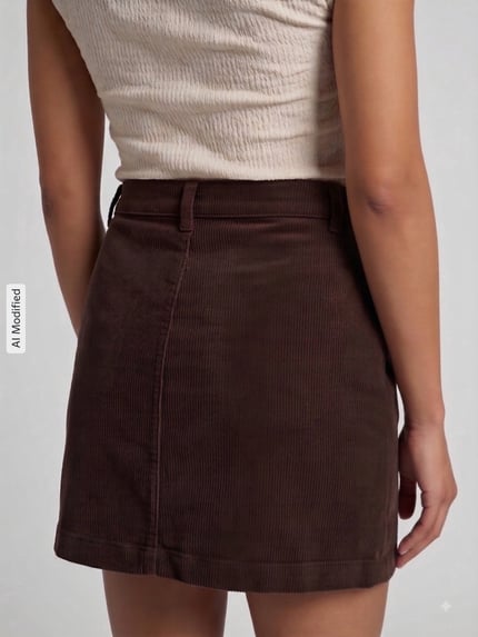 Vrouwenmodel draagt eng anliggende minirok uit katoenmix model 'AMAZING' van ONLY, Dames minirok, achteraanzicht, KI-gemodificeerd beeld