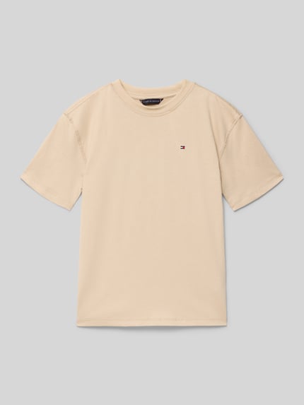 Produktfoto, Regular Fit T-Shirt aus reiner Baumwolle von Tommy Hilfiger Teens, jednolity kremowy jersey, krótki rękaw, nadruk z logo