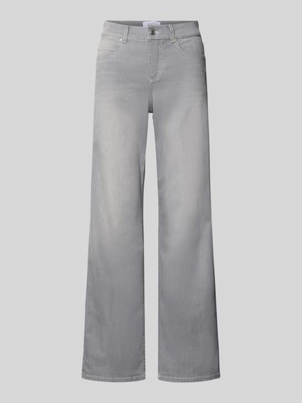 Produktfoto, graue Straight Fit Jeans im 5-Pocket-Design Modell 'Lara' von Angels, Baumwoll-Mix mit Stretch-Anteil, sichtbare Knopf- und Reißverschluss Details, klassische Jeansstruktur, Bundweite 39 cm, Innenbeinlänge 78 cm, Größe 36/30