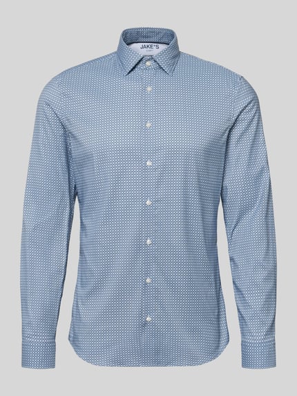 Produktfoto, Slim Fit Businesshemd mit Kentkragen von Jake*s, błękitny kolor z białym geometrycznym wzorem, długa rękaw, koszule biznesowe