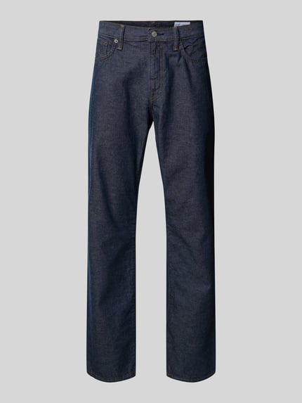Produktfoto, Relaxed Straight Fit Jeans mit Eingrifftaschen von GAP, jeansy męskie z bawełny, krój relaxed fit, zapięcie na guzik i zamek błyskawiczny, wpuszczane kieszenie, szerokość w rozmiarze 32/32: 44 cm, długość wewnętrzna nogawki: 78 cm, ciemnoniebieski, proste nogawki, gładka tekstura