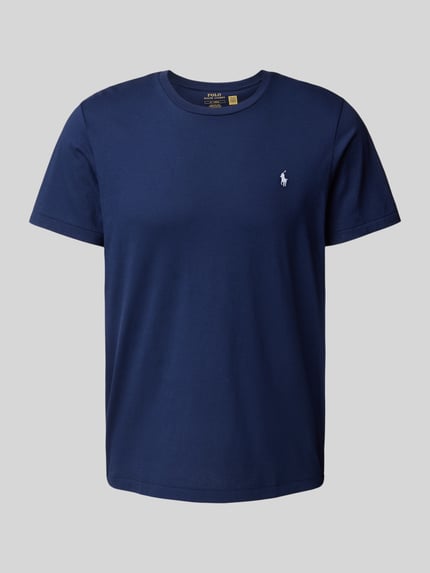 Produktfoto, dunkelblaues T-Shirt mit Logo-Stitching von Polo Ralph Lauren aus reiner Baumwolle, gerade Passform, Rundhalsausschnitt