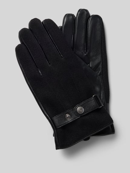 Productfoto, zwarte Heren handschoenen uit Viscosemix met Trensje en drukknoopsluiting, vingerhandschoenen van bugatti