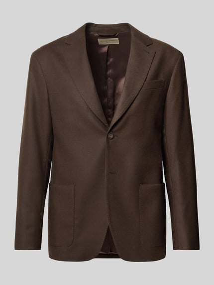 Produktfoto, Regular Fit Sakko aus reiner Schurwolle von Officine Générale in Dunkelbraun, Reverskragen, aufgesetzte Eingrifftaschen, Knopfverschluss, glatte Struktur, Rückenlänge 73 cm, Schulterbreite 46 cm, Ärmellänge 62 cm