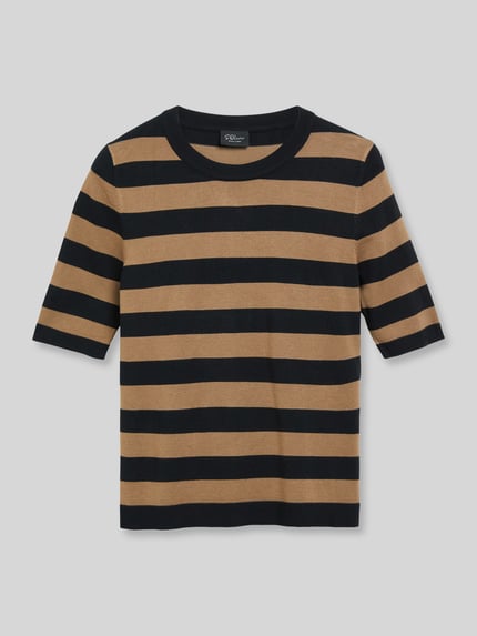 Produktfoto, Regular Fit Pullover aus Viskose-Mix von s.Oliver BLACK LABEL in Schwarz und Braun, gestreiftes Muster, glatte Textur