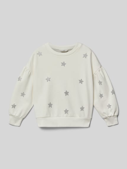 Produktfoto, Sweatshirt mit gerippten Abschlüssen von Mango für Kinder, Reine Baumwolle, Regular-Fit, Rundhalsausschnitt, weiß mit Sternmuster.