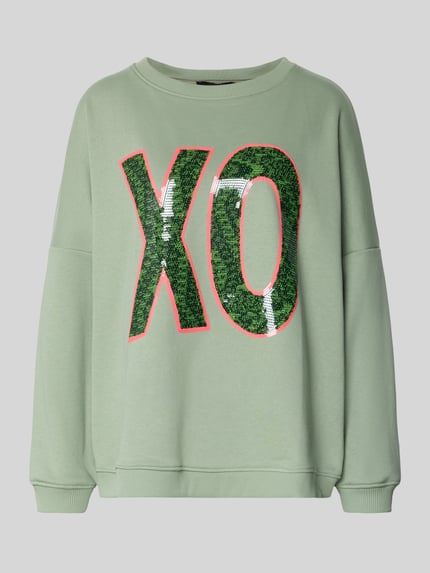 Produktfoto, Relaxed Fit Sweatshirt mit Pailettenbesatz Modell 'XO' von miss goodlife, grün, reine Baumwolle, Rundhalsausschnitt, elastische Abschlüsse