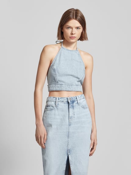 Marc O'Polo DENIM Top krótki z imitacji dzianiny z wiązaniem na szyi Jasnoniebieski 4