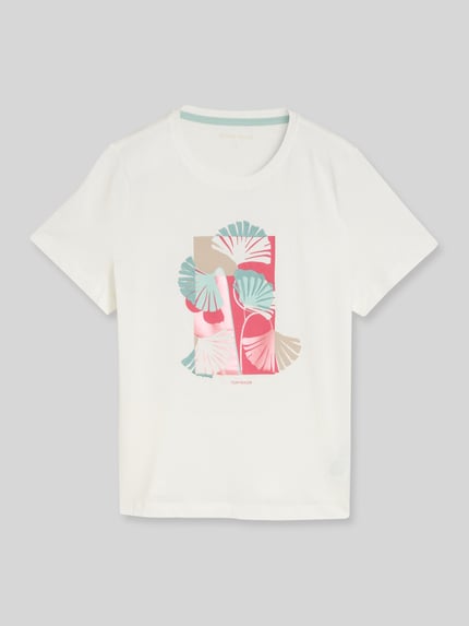 Produktfoto, Regular Fit T-Shirt aus reiner Baumwolle von Tom Tailor, Optik: Unifarben in Weiß mit farbigem Motiv-Print-Stitching, Kurzarm, Rundhals, Jerseystruktur