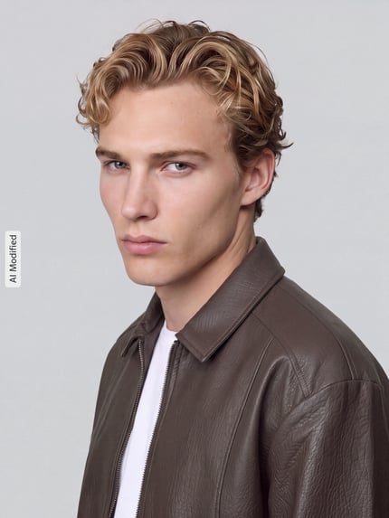 Männermodel trägt Regular Fit Kunstlederjacke Modell 'REX' von ONLY, braune glatte Textur, Herren Leder- / Kunstlederjacke, Nahaufnahme Oberkörper, KI-modifiziertes Bild.