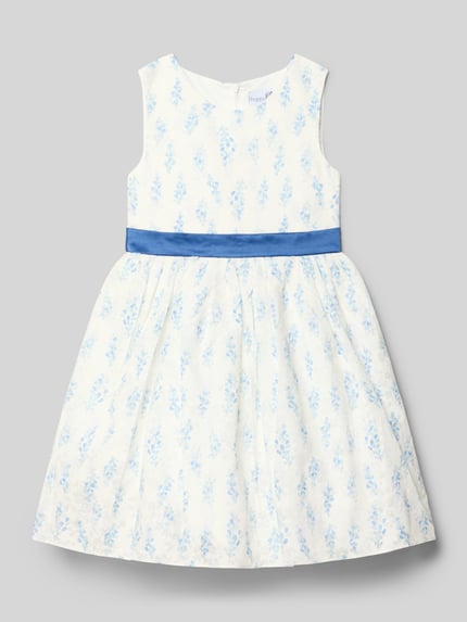 Produktfoto, Regular Fit Kleid mit floralem Allover-Print von Happy Girls, bawełniany materiał, krój regular fit, A-linia, bez rękawów, dekoracyjna kokarda, okrągły dekolt, zamek, długość tyłu w rozmiarze 116: 65 cm, biało-niebieski wzór, delikatna faktura
