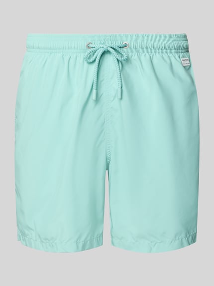 Produktfoto, Badehose mit Logo-Print Modell 'Lighting Pantone' von MC2 Saint Barth für Herren in Hellblau, glatte Oberfläche, mit Logo-Patch, Geschenkbox