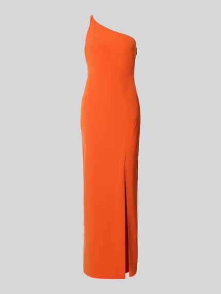 Produktfoto, Slim Fit Abendkleid im One-Shoulder-Design Modell 'Mahure' von Lauren Ralph Lauren in Orange, Elastischer-Material-Mix, Gehschlitz, glatte Textur, Rückenlänge 128 cm bei Größe 36, Brustweite 36 cm.