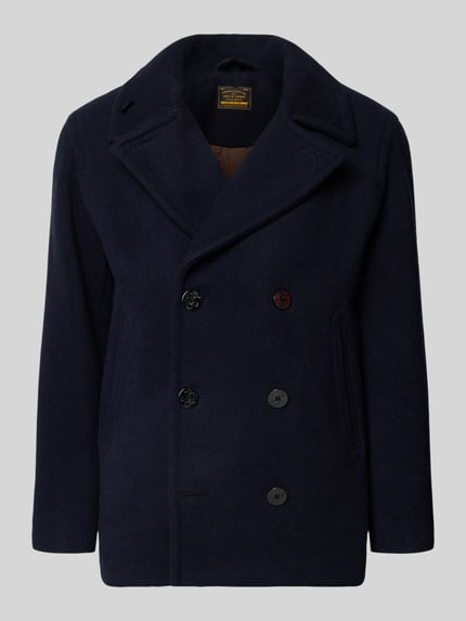 Productfoto, Jacke aus Woll-Mix mit Reverskragen van JACK & JONES Premium, donkerblauw, regular fit, dubbele rij knopen, steekzakken, wolmix, reverskraag, ruglengte 74 cm, schouderbreedte 45 cm, borstwijdte 60 cm, mouwlengte 65 cm