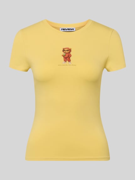 REVIEW t-shirt o kroju slim fit z nadrukiem z logo Pastelowy żółty 2